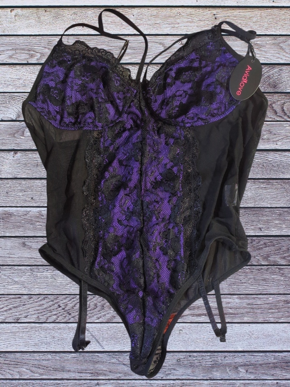 AvaLove Black & Purple Lace Bodysuit Chemise